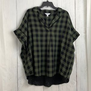 Green and Black Plaid Roll Sleeve Popover